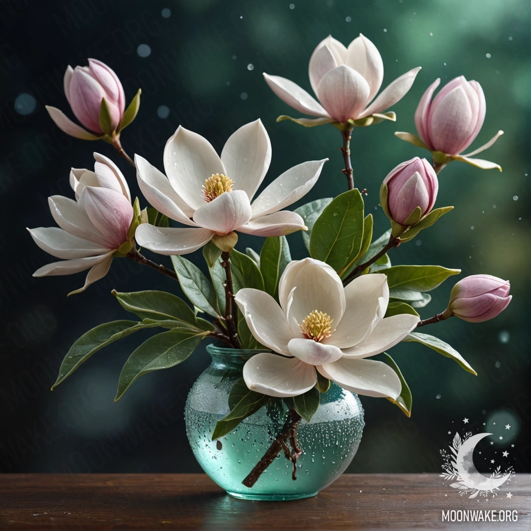 Красивая магнолия с каплями росы, расположенная в шалфейной вазе ночью.