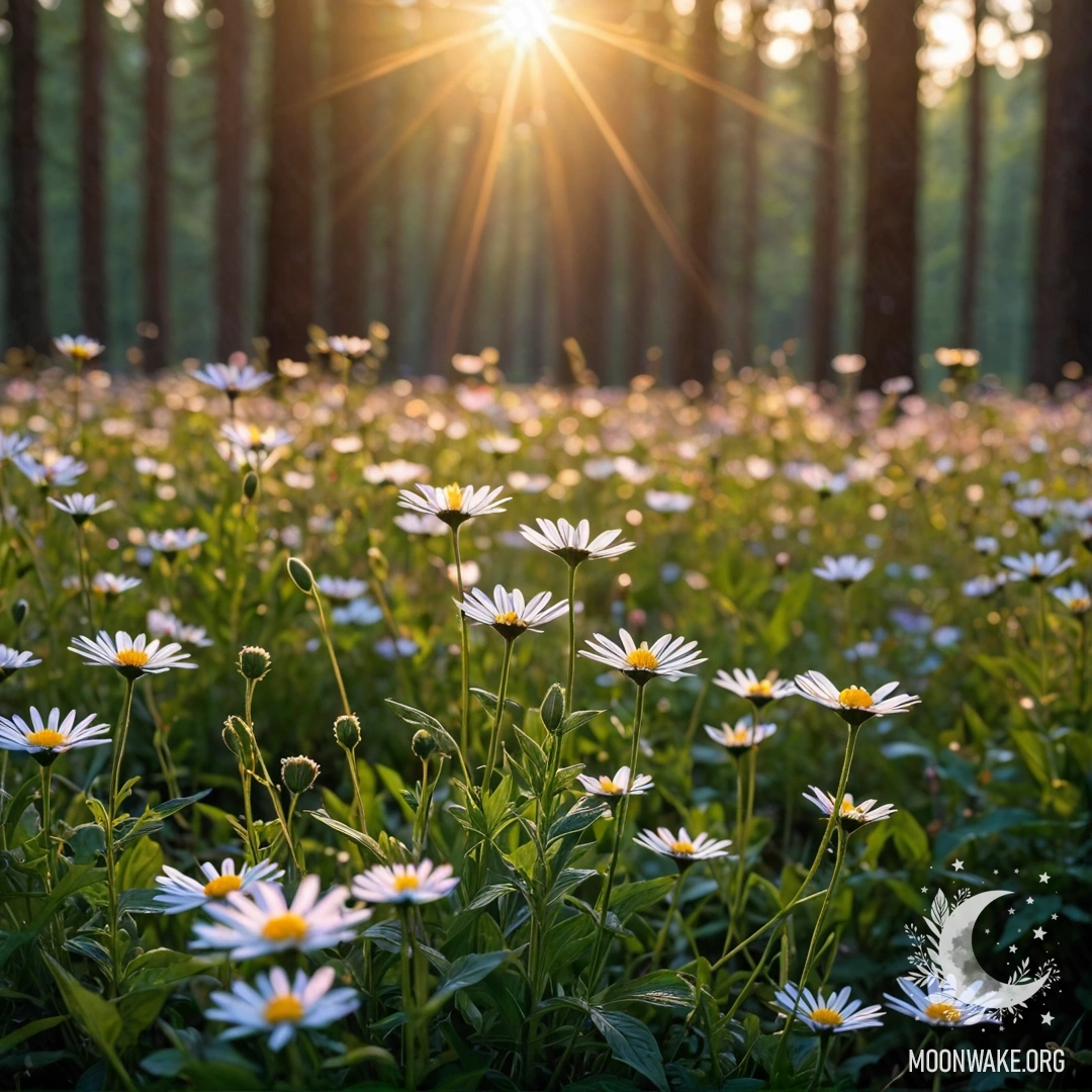 Крупный план очаровательных полевых цветов на фоне размытого леса и солнечных лучей