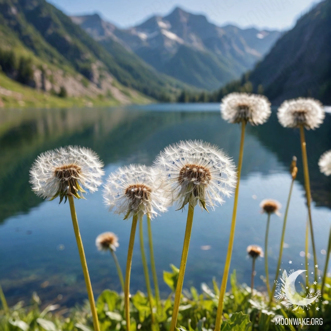 Близкий план нежных одуванчиков на фоне размытого горного озера.