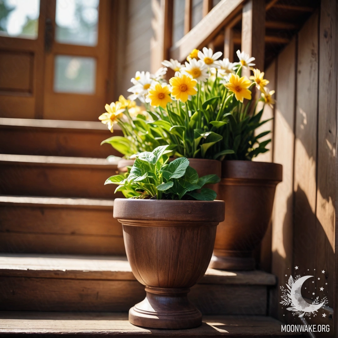 Деревянная лестница, украшенная цветочными горшками и цветущими растениями.