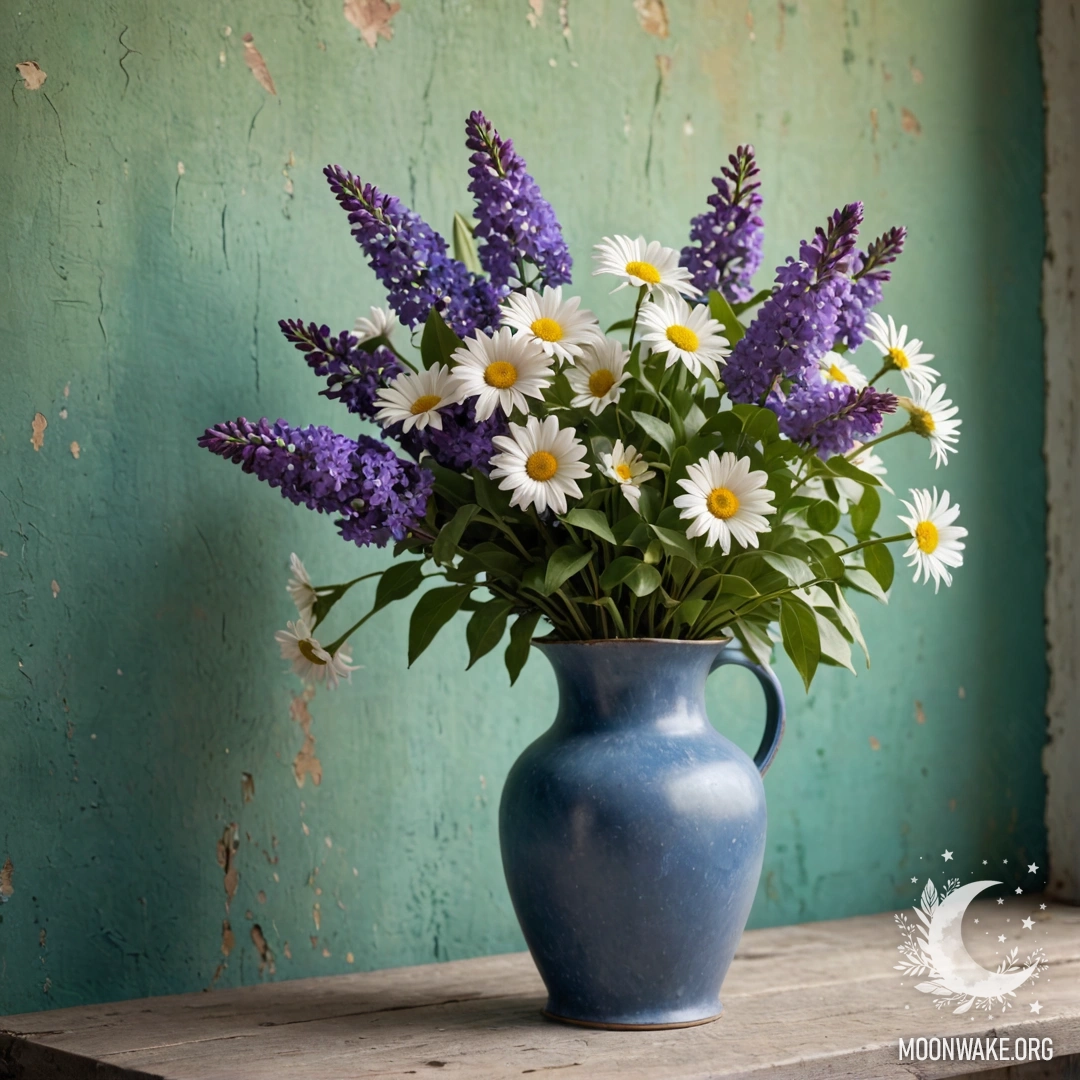 Старый голубой металлический вазон с ромашками и сиренью на фоне зеленоватой стены на закате.