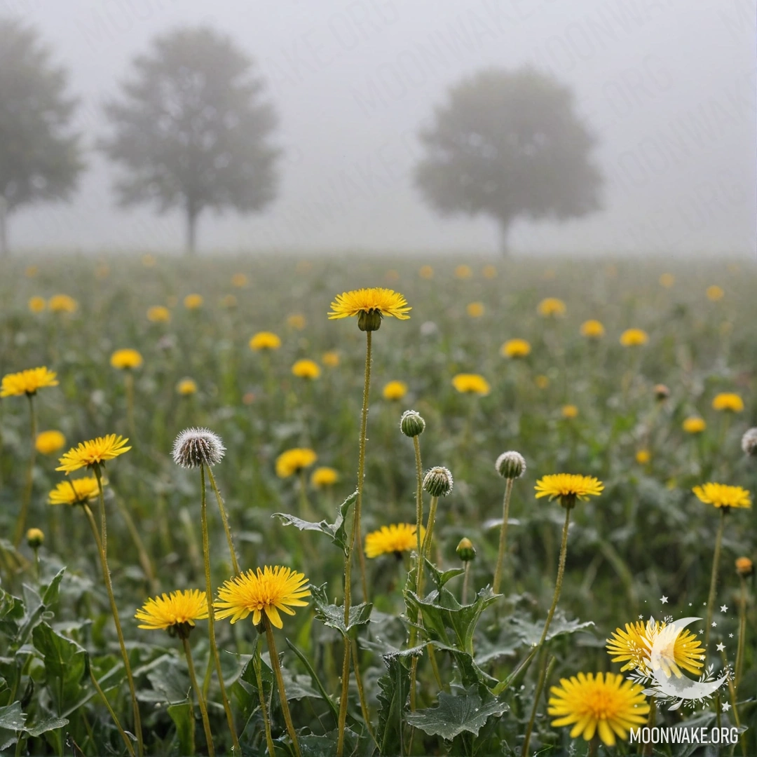 Крупный план одуванчиков, окруженных цветами на туманном поле.