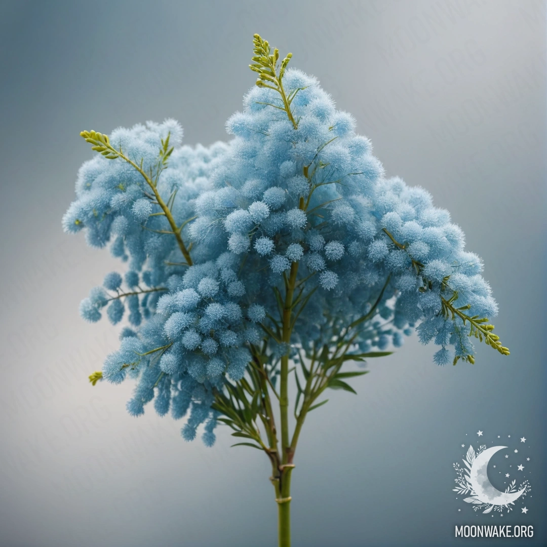 Букет цветов мимозы в нежных небесно-голубых тонах, окруженный туманом.