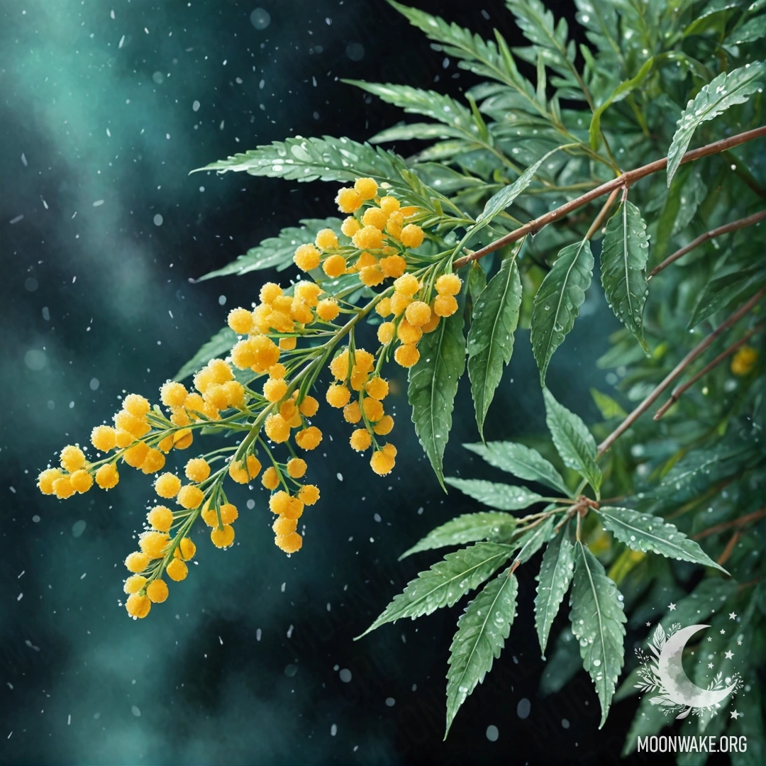 Букет мимозы мятного цвета, освещённый мягким дождём ночью.