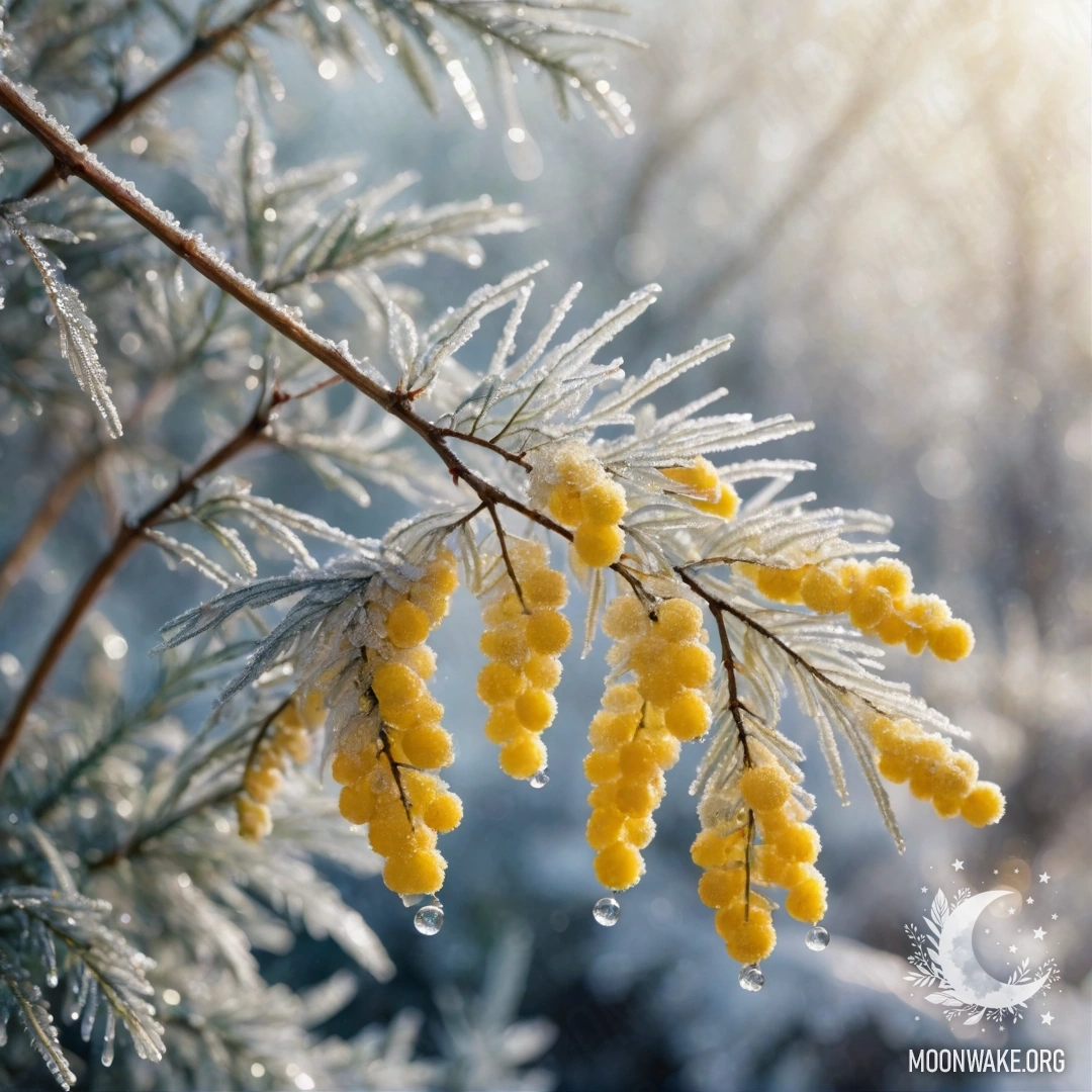 Нежный цветок мимозы в морозе, озаренный искрящимися солнечными лучами.