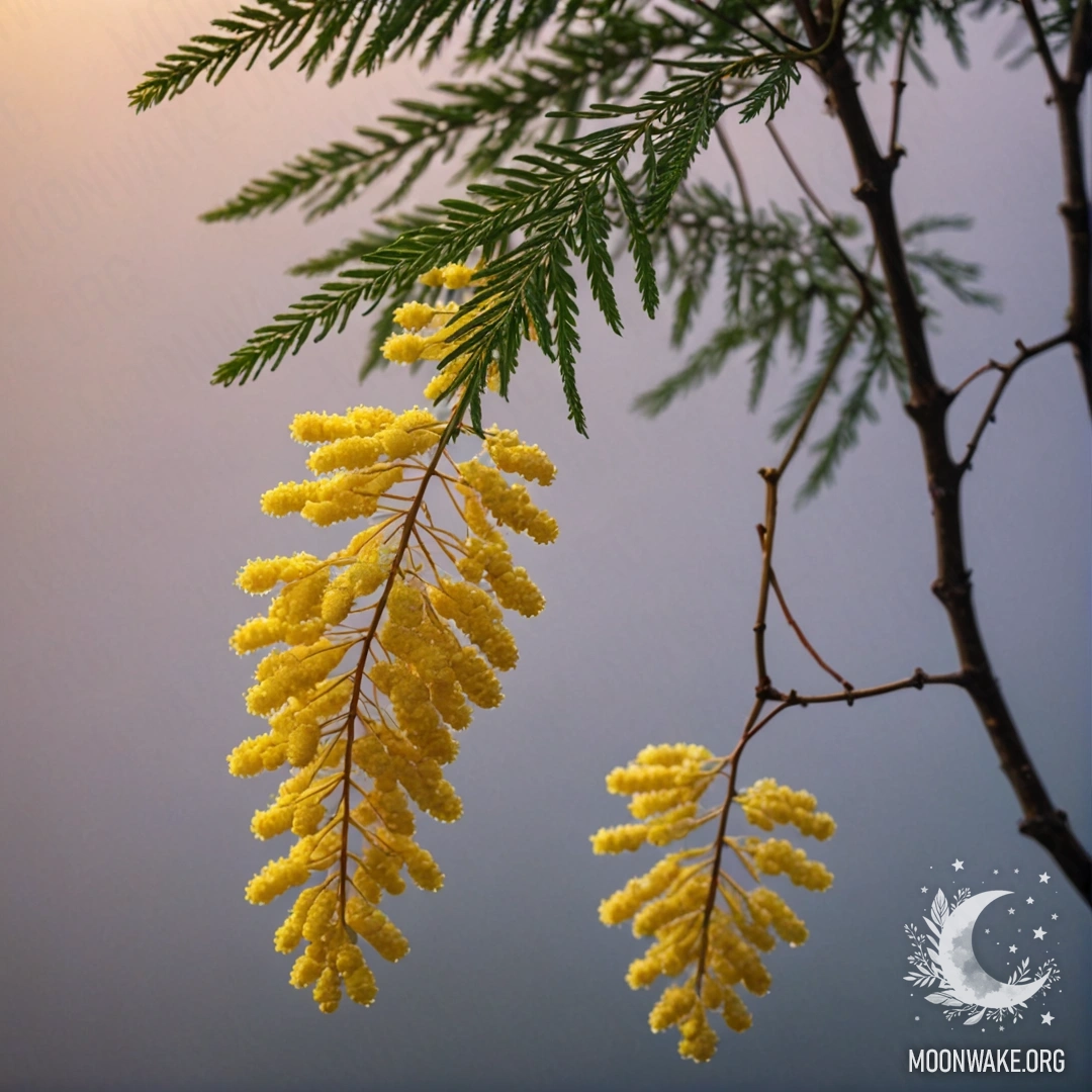 Красивый цветок мимозы в туманной обстановке, освещенный закатными оттенками с блестками, напоминающими цвета морских волн.