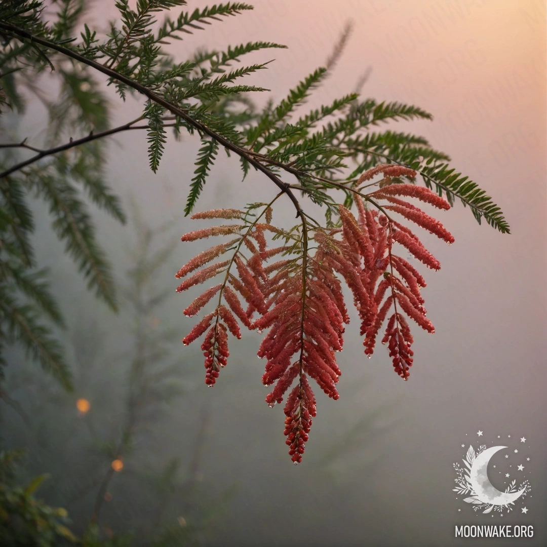 Красная мимоза, прорезывающая туманный фон на закате, украшенная блеском.