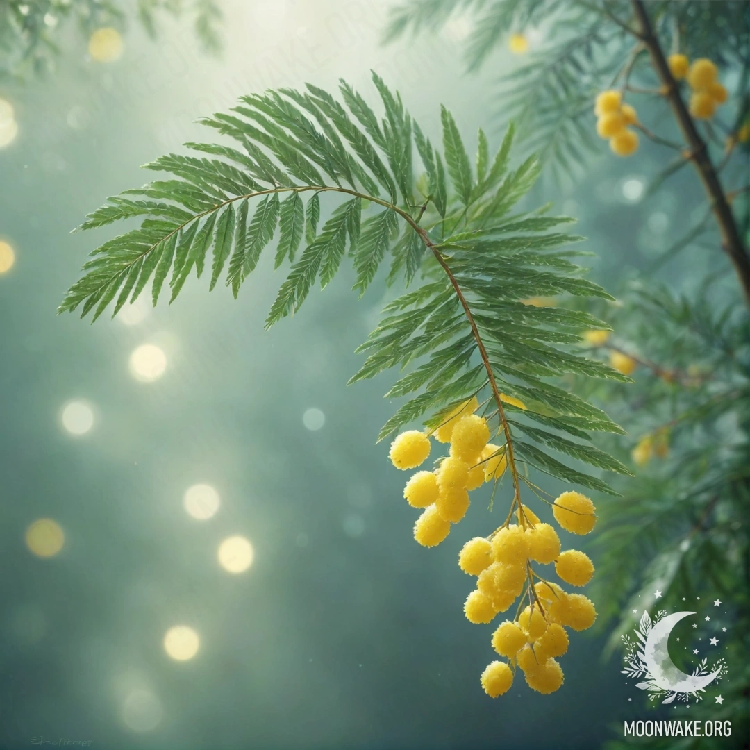 Красивый цветок мимозы на затуманенном фоне зеленовато-голубых оттенков.