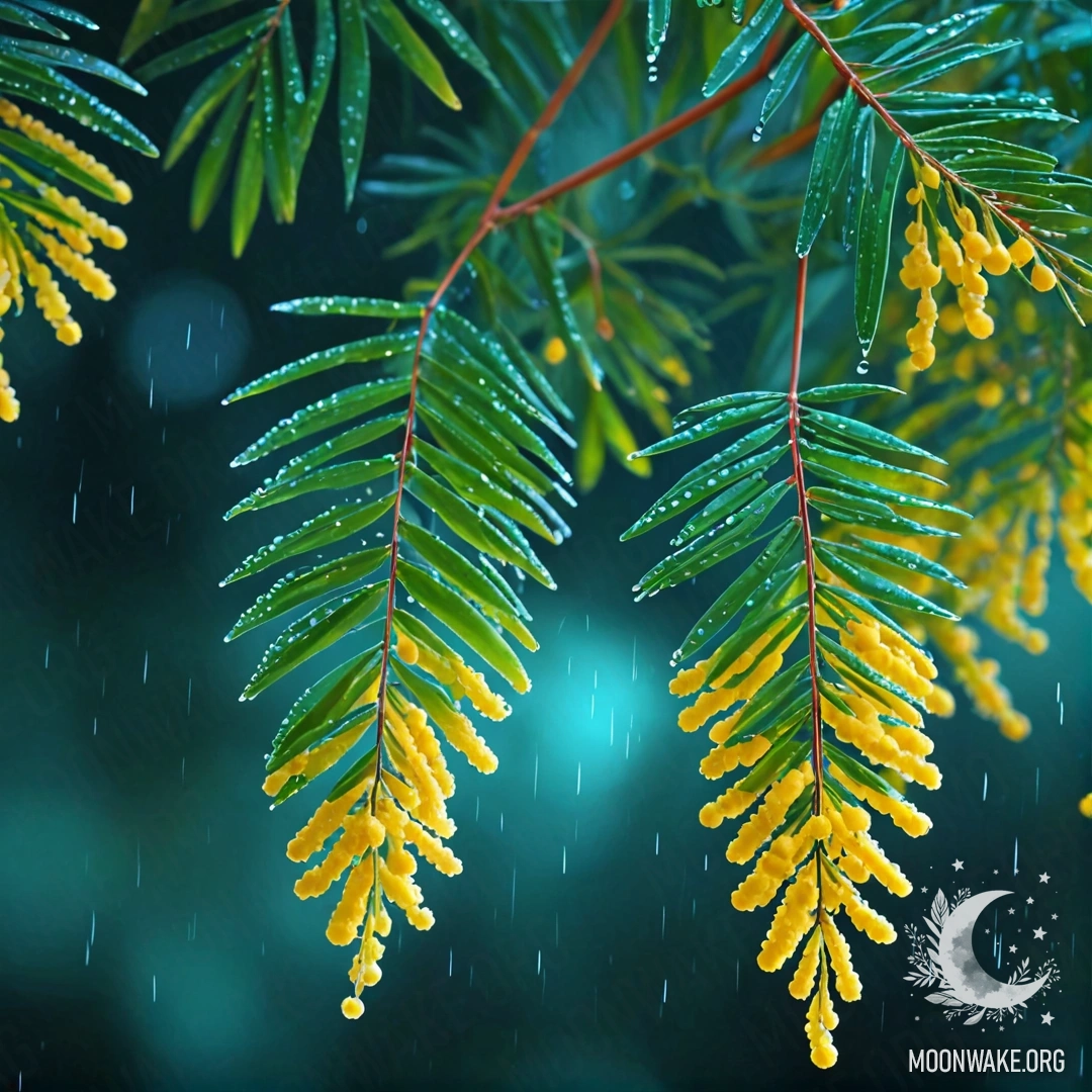 Красивая мимоза, окруженная дымкой и дождем ночью.