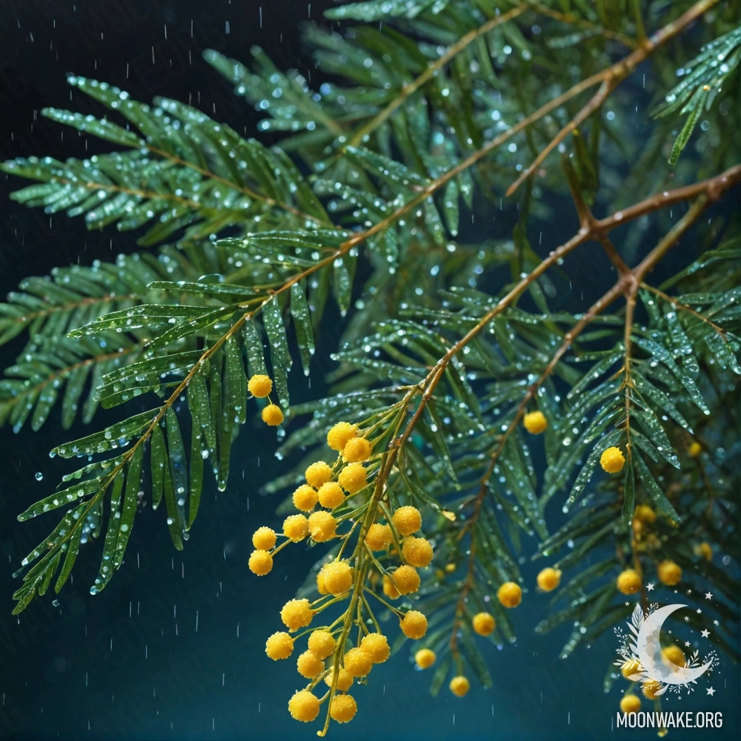 Красивый цветок мимозы, сверкающий под дождем ночью, с пайетками в зеленовато-голубых оттенках.