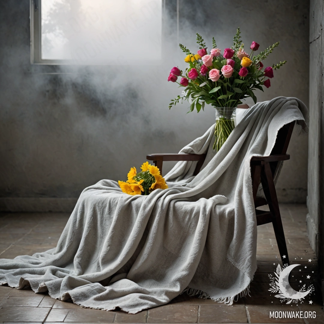 Стул с покрывалом и букетом цветов на нем на фоне обветшалой стены в густом тумане.