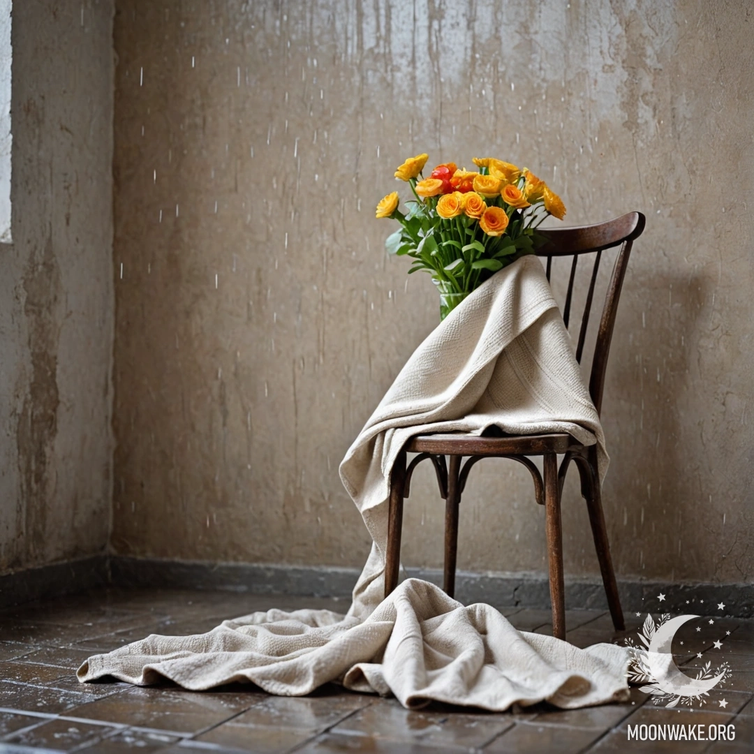 Минималистичная сцена с креслом на фоне потертой стены, на котором лежит плед и букет цветов под дождем.