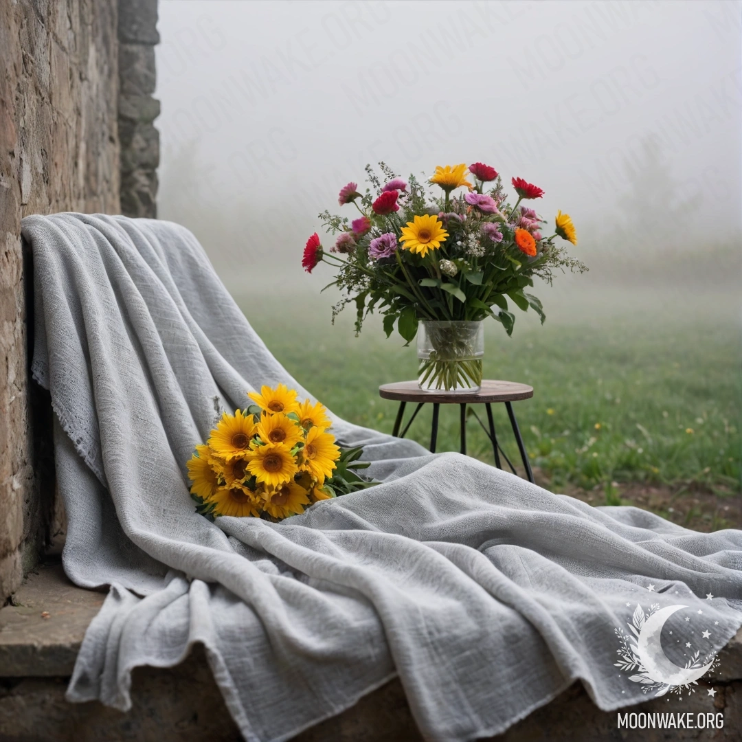 Стул на потрескавшейся стене, на котором лежит плед и букет цветов.