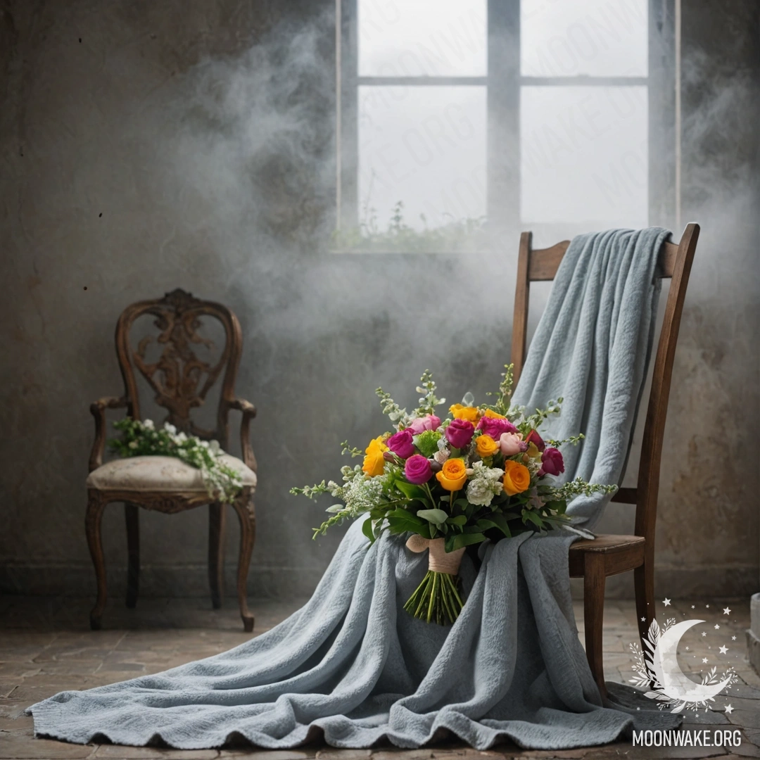 Минималистичная сцена с креслом, на котором лежит плед и букет цветов на фоне потертой стены, окутанной густым туманом.