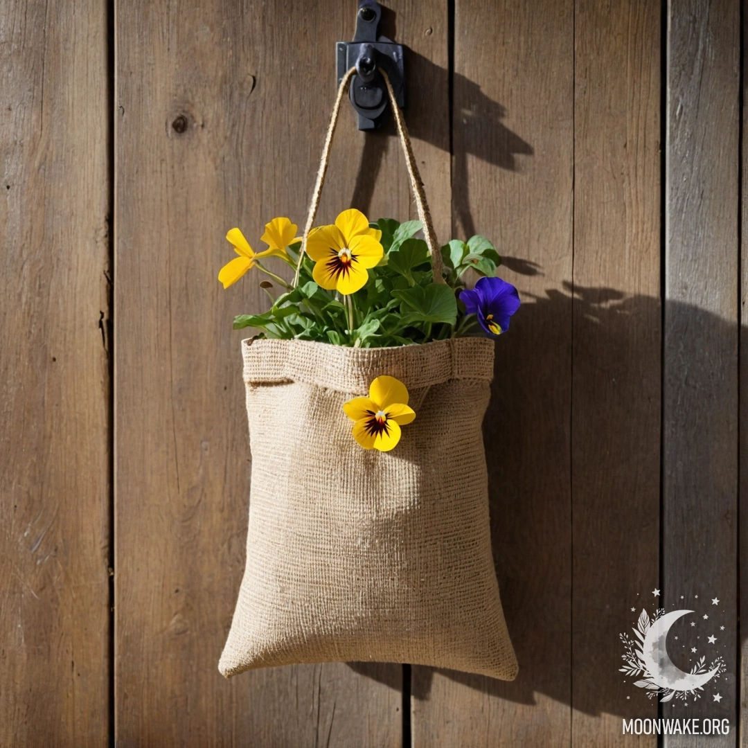 Мешочек из мешковины, висящий на поношенной деревянной стене, наполненный фиалками, освещёнными солнечными лучами.