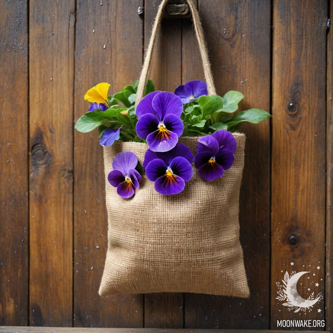 На потрепанной деревянной стене висит маленький мешочек из грубого льна, наполненный фиалками под дождем.