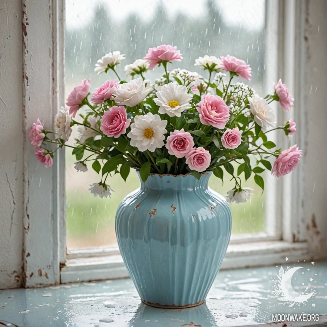 На потрёпанной деревянной стене висит маленькая мешочка из мешковины, наполненный анютиными глазками, окружённый густым туманом и тяжёлым туманом.