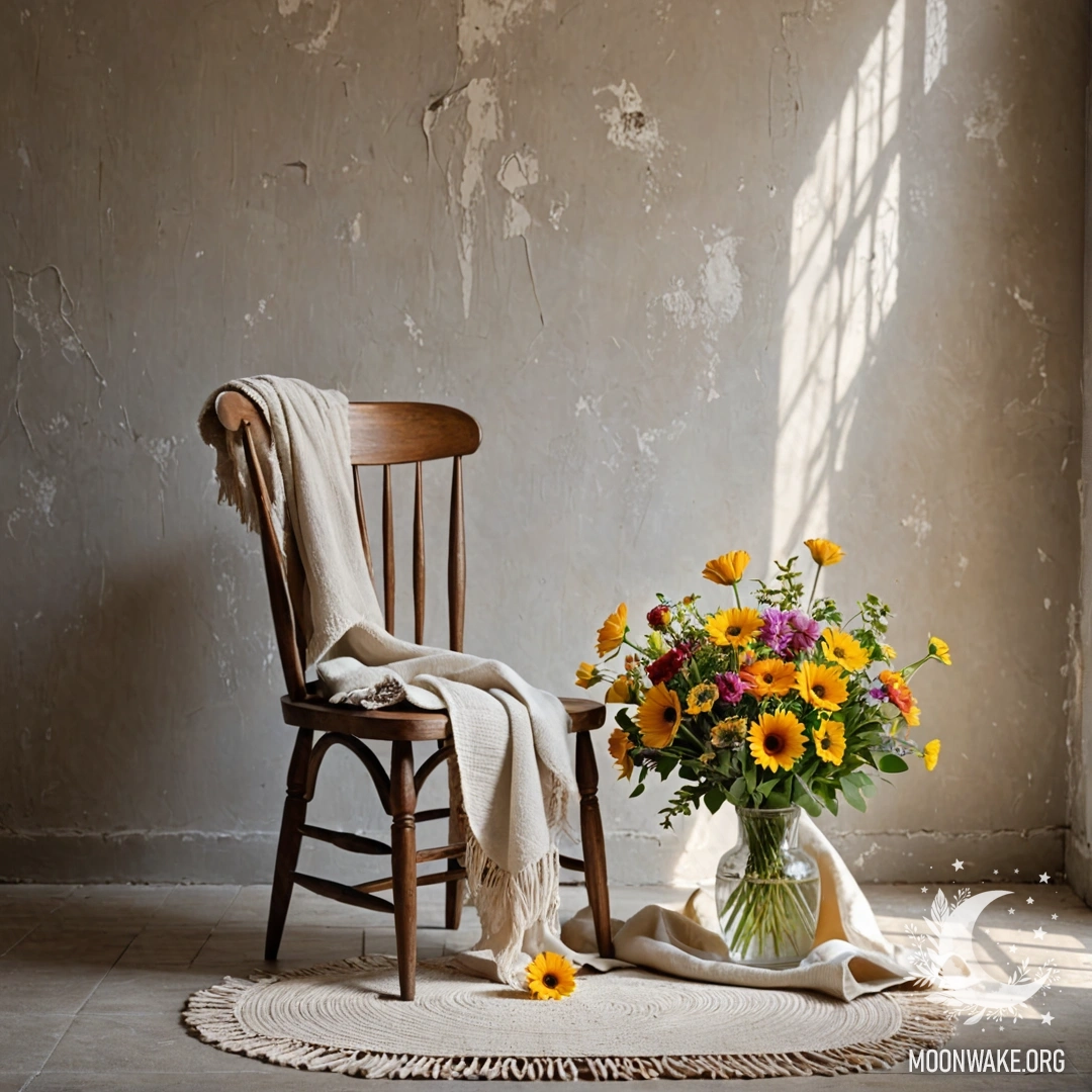 Минималистичная сцена с стулом на фоне потрескавшейся стены, пледом на стуле и букетом цветов под солнечными лучами.