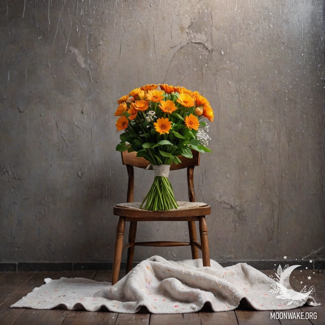 Минималистский стул с пледом и букетом цветов, лежащем на нем, на фоне обшарпанной стены под дождем.