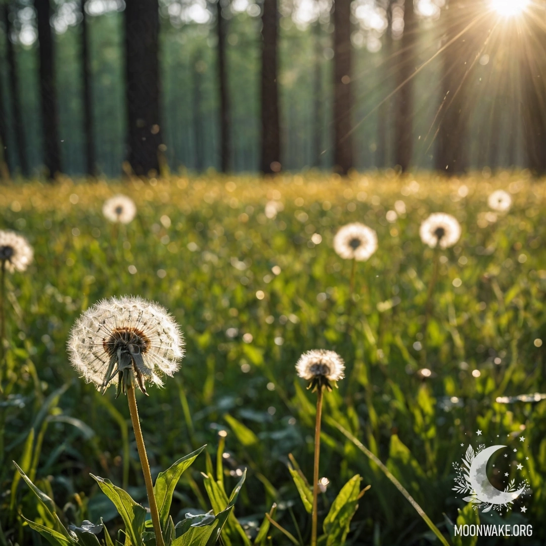 Крупный план одуванчиков на поле с размытым фоном леса и солнечными лучами, пробивающимися сквозь дождь.