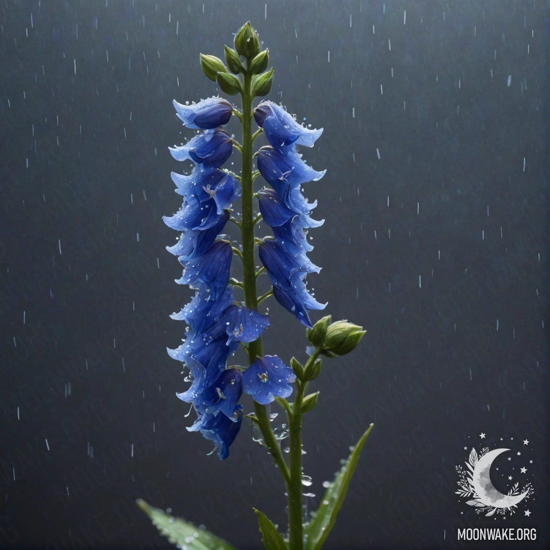 Нежный цветок делфиниума в тумане и дожде ночью, отражающий цвета морской волны.