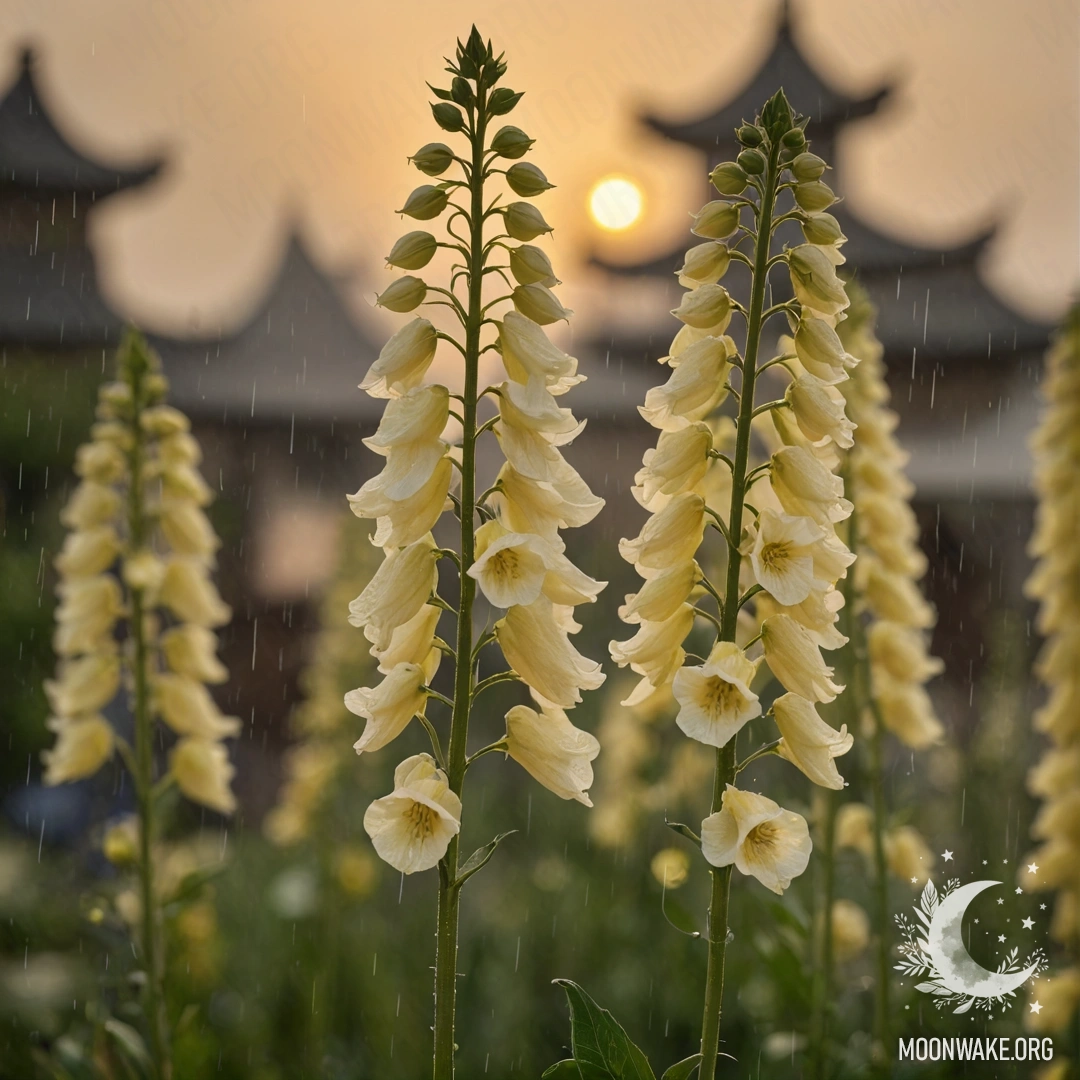 Минималистичное изображение цветов делфиниума, окутанных дождём на закате, с кремово-желтыми узорами.