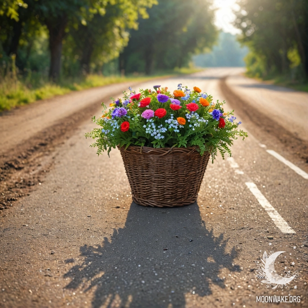 Корзина цветов на грунтовой дороге с размытым задним планом деревьев, украшенных огнями.