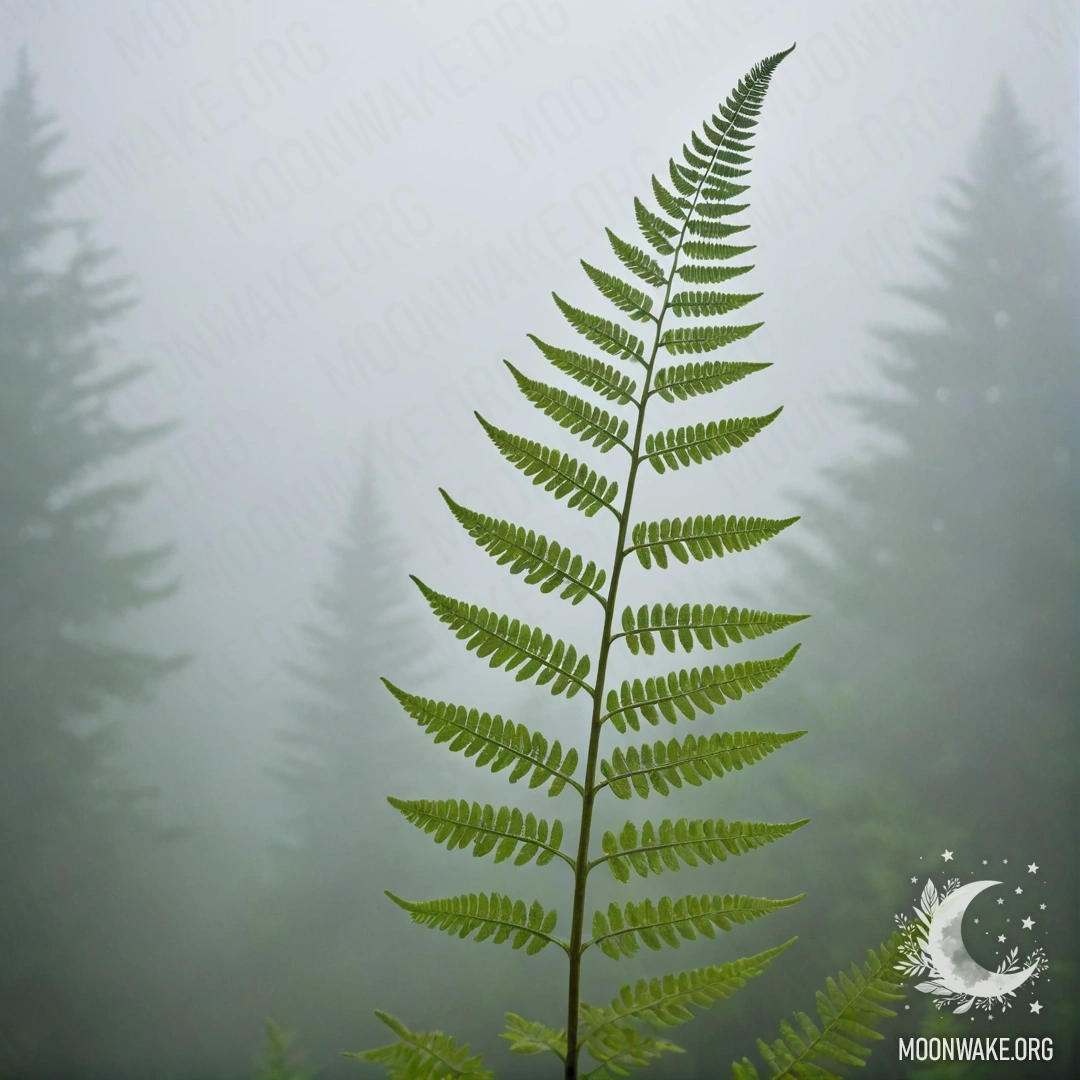 Спокойная композиция с узорами папоротников в тумане на фоне небесно-голубого цвета.