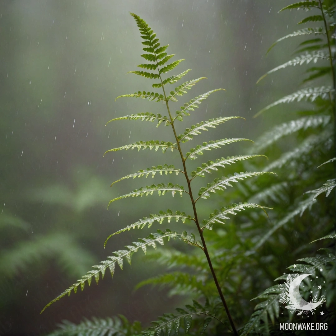 Папоротник, окруженный туманом под дождем, с узорами кофейного цвета.