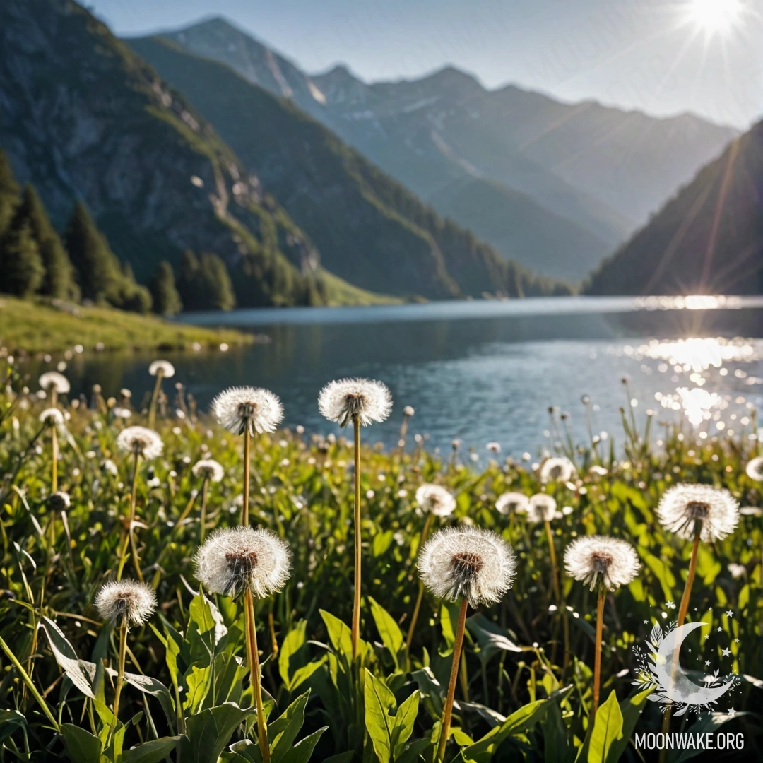 Крупный план одуванчиков на поле с размытым фоном горного озера.