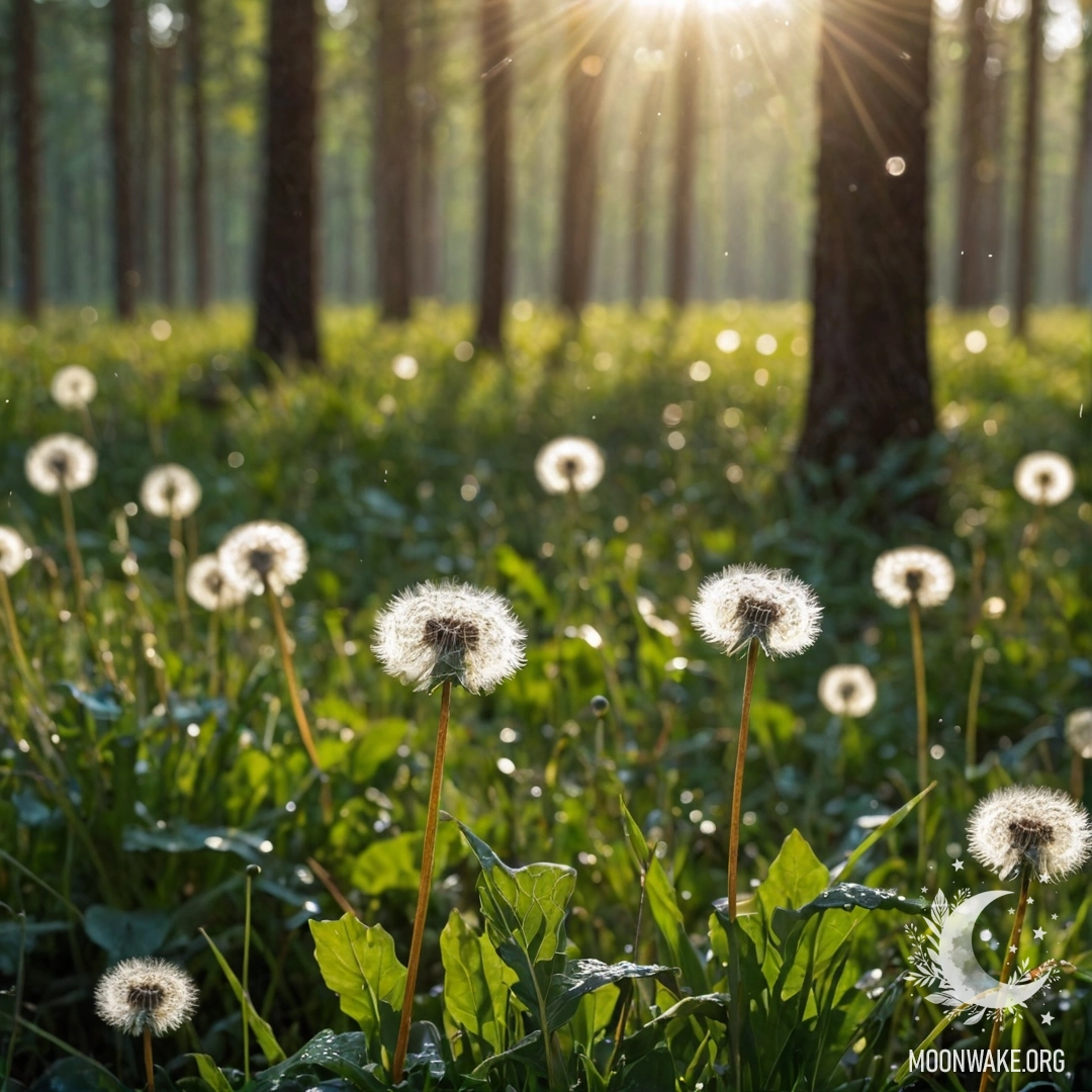 Крупный план одуванчиков на фоне размытого леса и солнечных лучей.