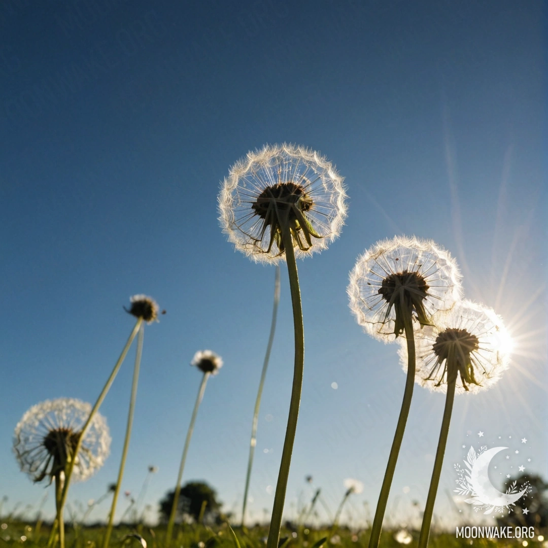 Крупный план одуванчиков на поле с размытым небом на фоне и световыми эффектами.