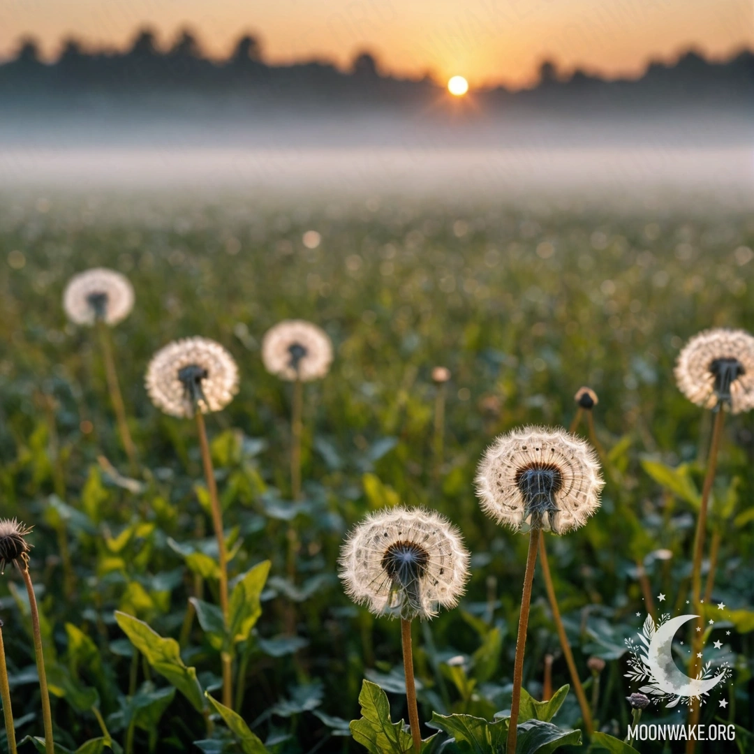 Крупный план одуванчиков на туманном поле во время заката.