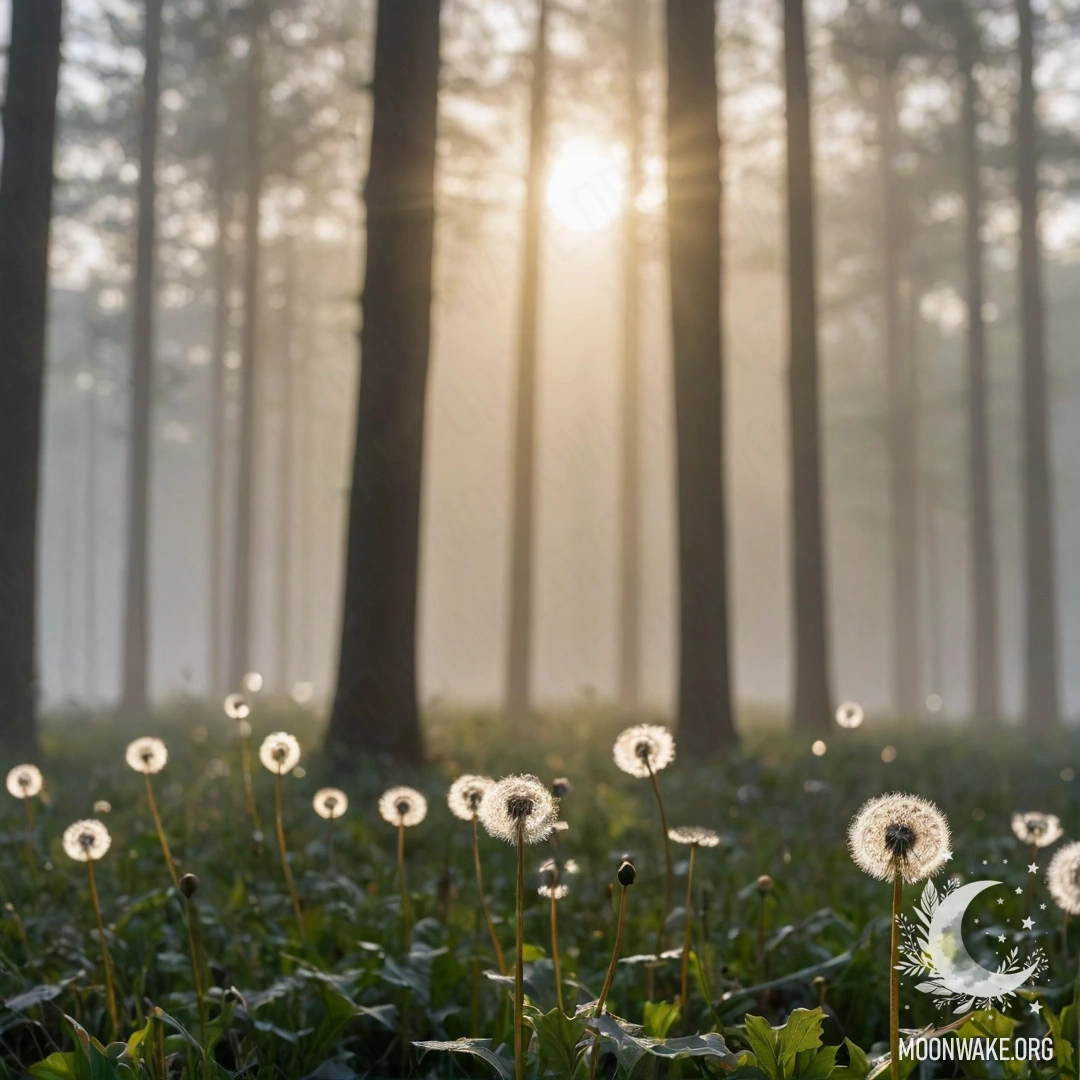 Крупный план дуванчиков на поле на фоне размытых деревьев леса с солнечными лучами, пробивающимися сквозь листву.