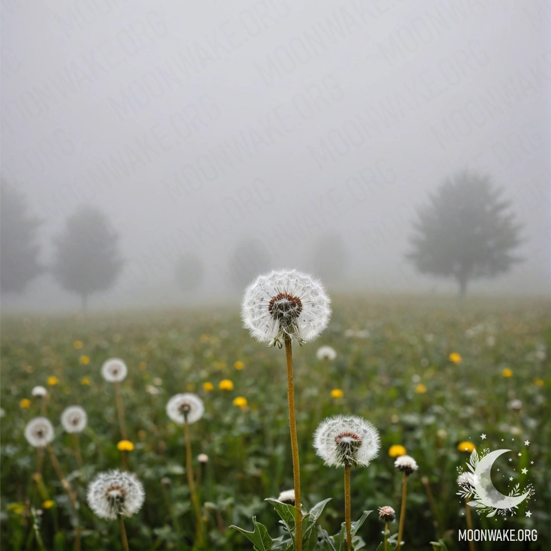 Крупный план одуванчиков на фоне размытого туманного неба с облаками.