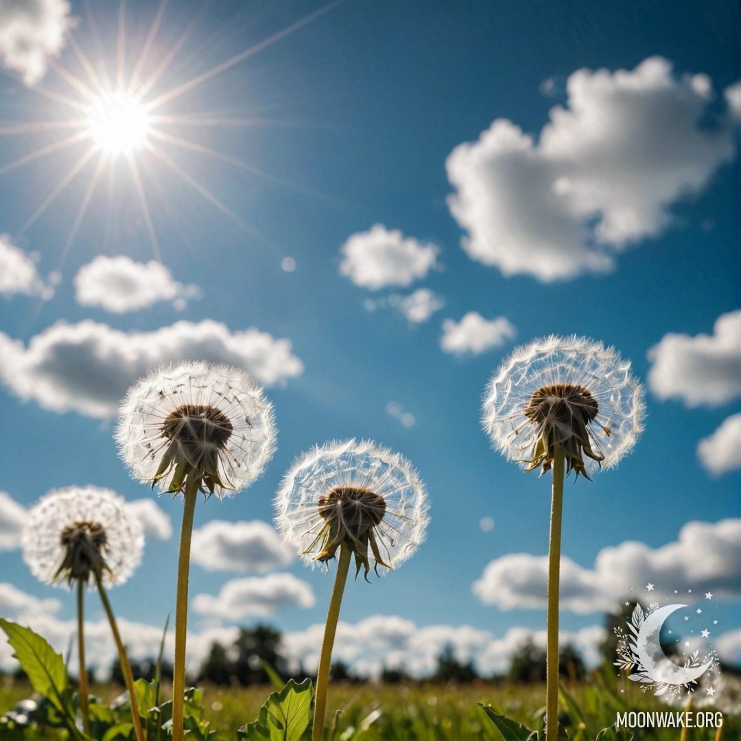 Крупный план одуванчиков на фоне боке неба с облаками.