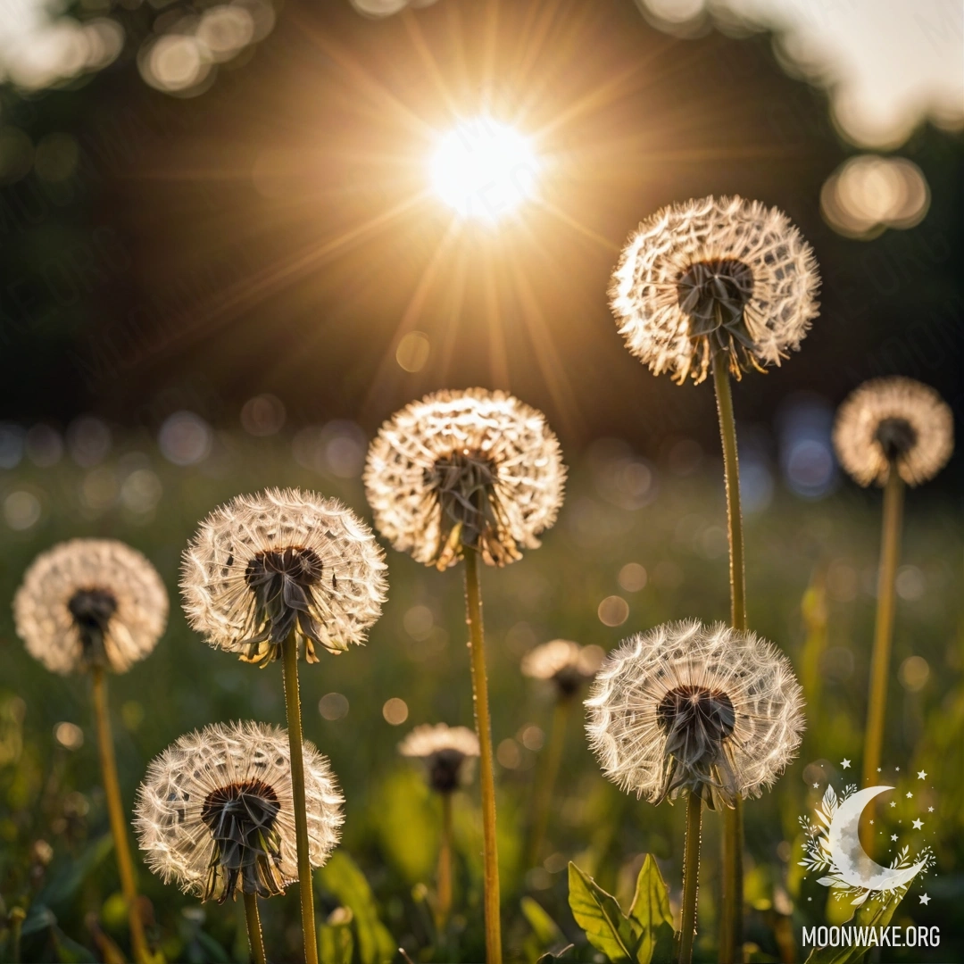 Крупный план одуванчиков на поле на фоне размытого заката с бликами света.