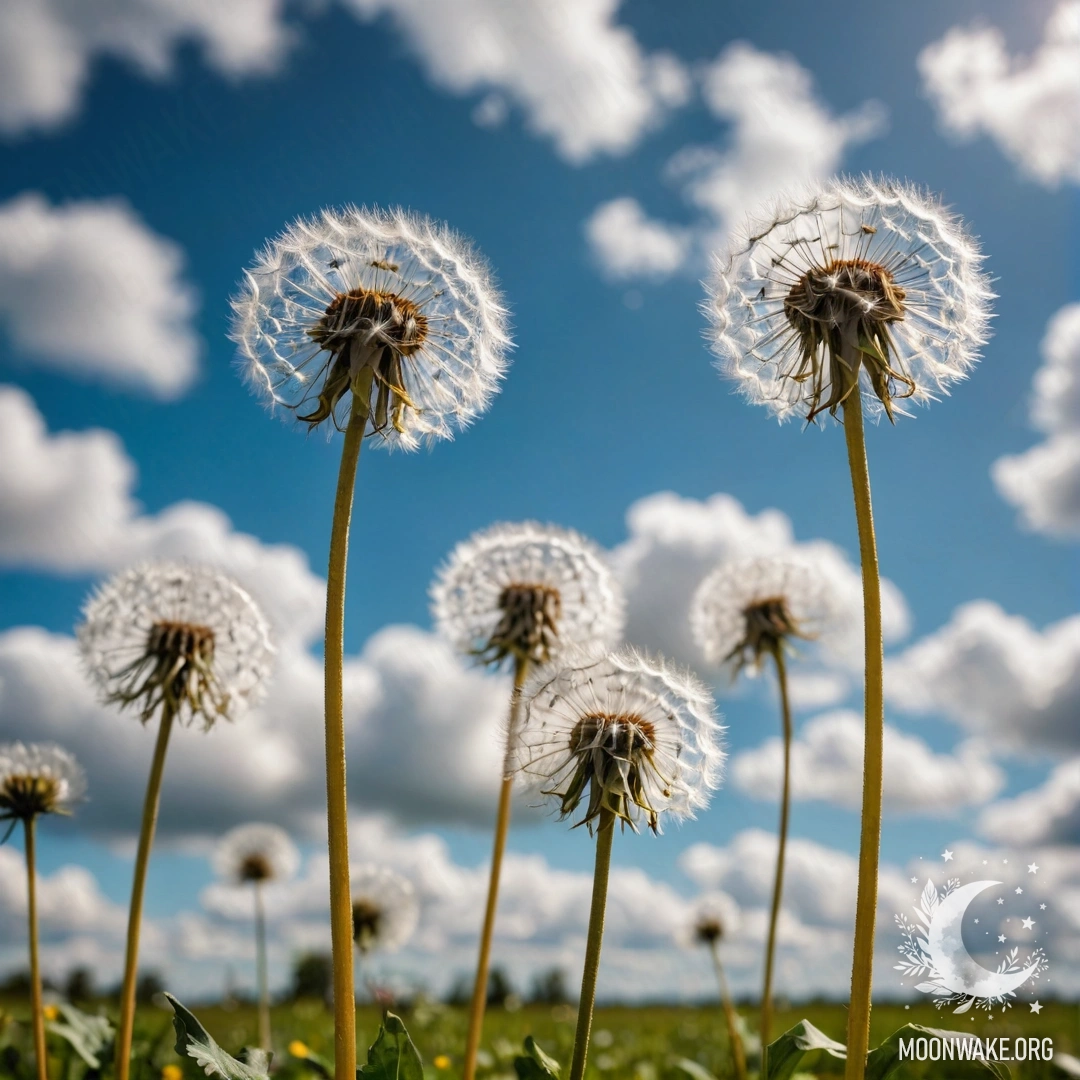 Крупный план одуванчиков на поле на фоне размытого неба с облаками