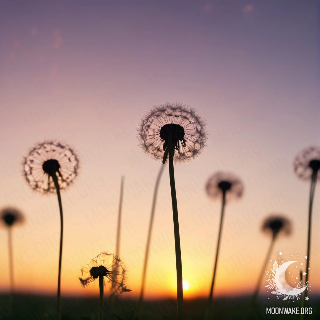 Крупный план одуванчиков на минималистичном поле на фоне мягкого боке закатного неба.