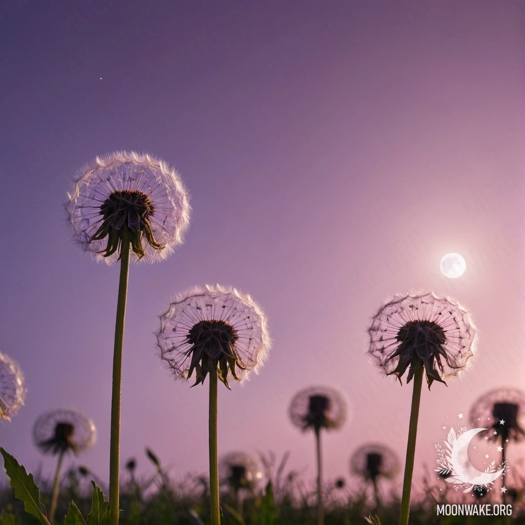 Крупный план одуванчиков на поле на фоне розово-фиолетового неба с луной.