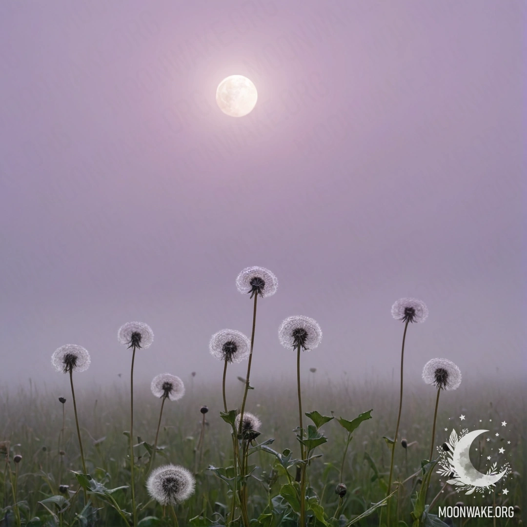 Крупный план одуванчиков на поле на фоне розово-фиолетового неба с луной.