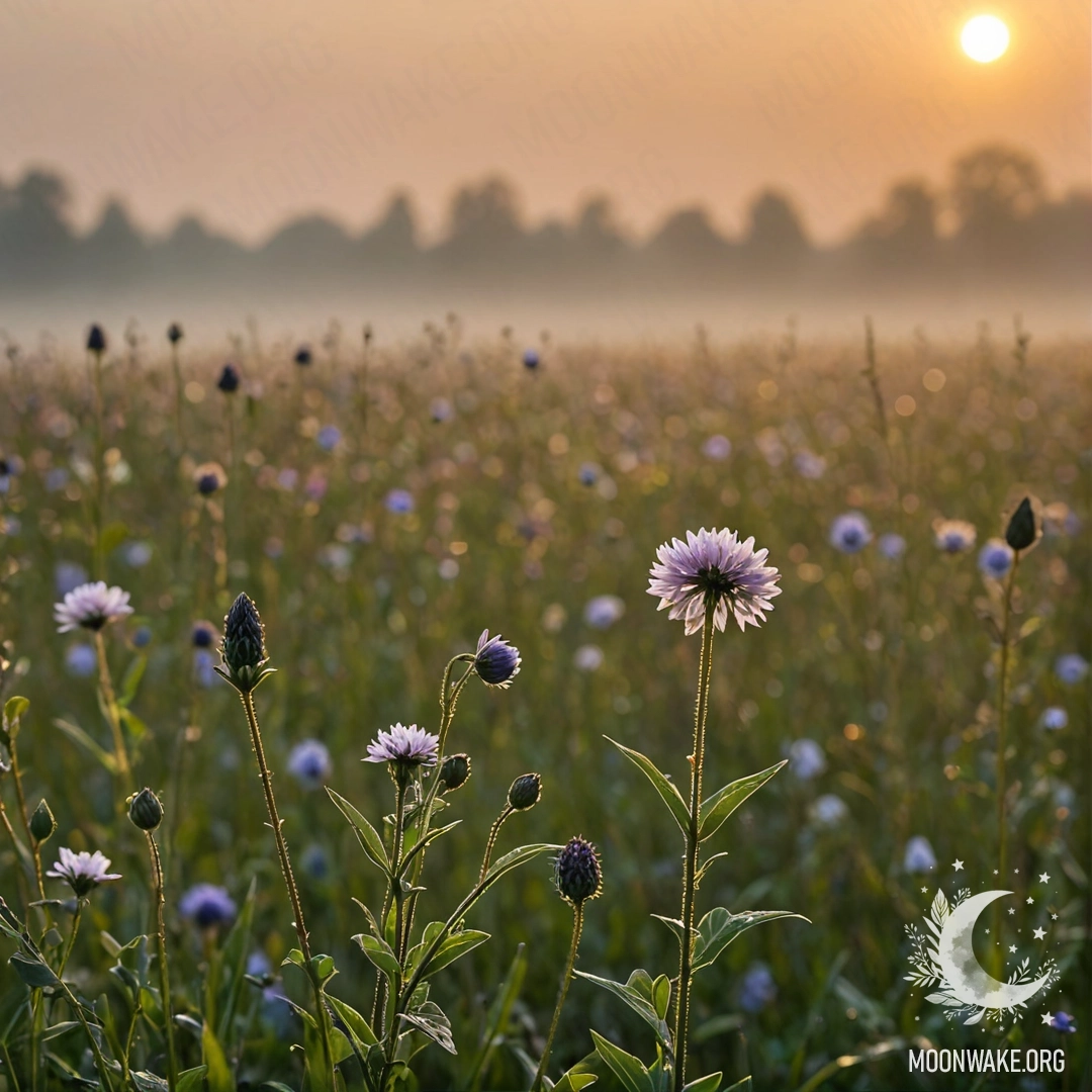 Крупный план цветов на туманном поле на закате с нежным боке.