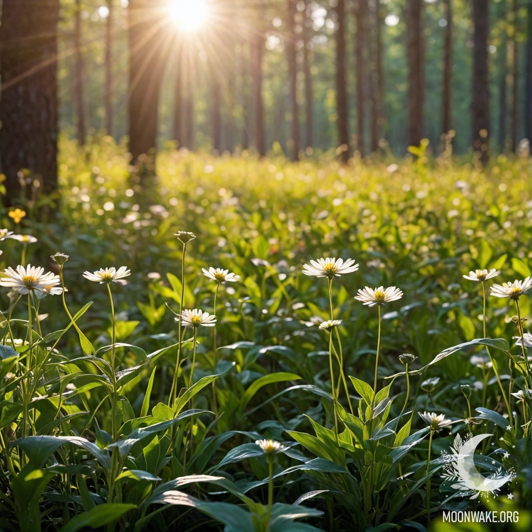 Крупный план нежных полевых цветов на фоне размытого леса с солнечными лучами, пробивающимися сквозь деревья.