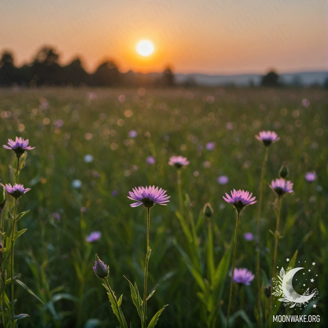 Крупный план нежных полевых цветов на фоне размытого заката.