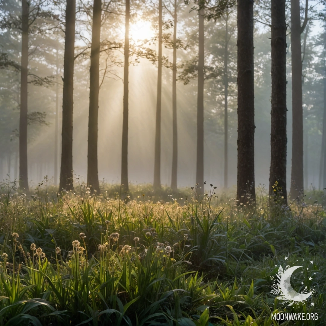 Крупный план полевых цветов на фоне размытого леса и солнечных лучей.