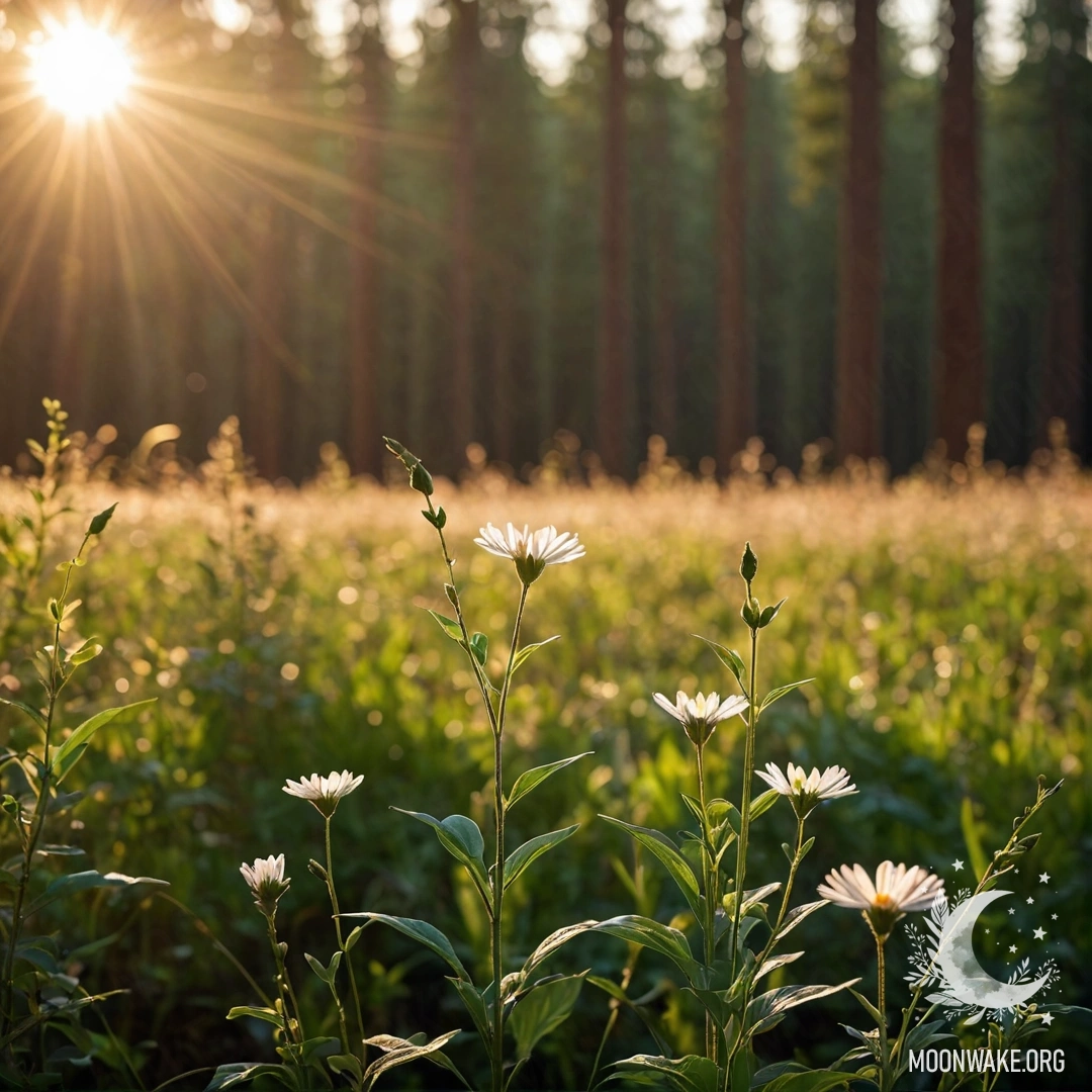Крупный план полевых цветов на фоне размытого леса и солнечного света, пробивающегося сквозь деревья.