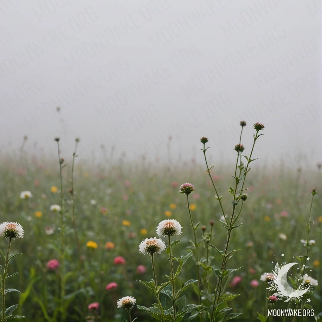 Крупный план замысловатых полевых цветов, окутанных густым туманом на фоне размытого неба.