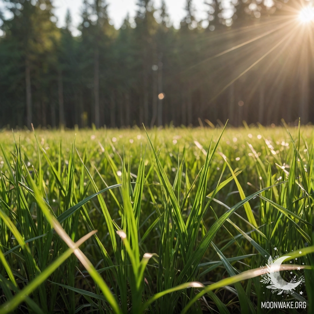 Крупный план травяного поля на фоне размытого леса с бликами света.