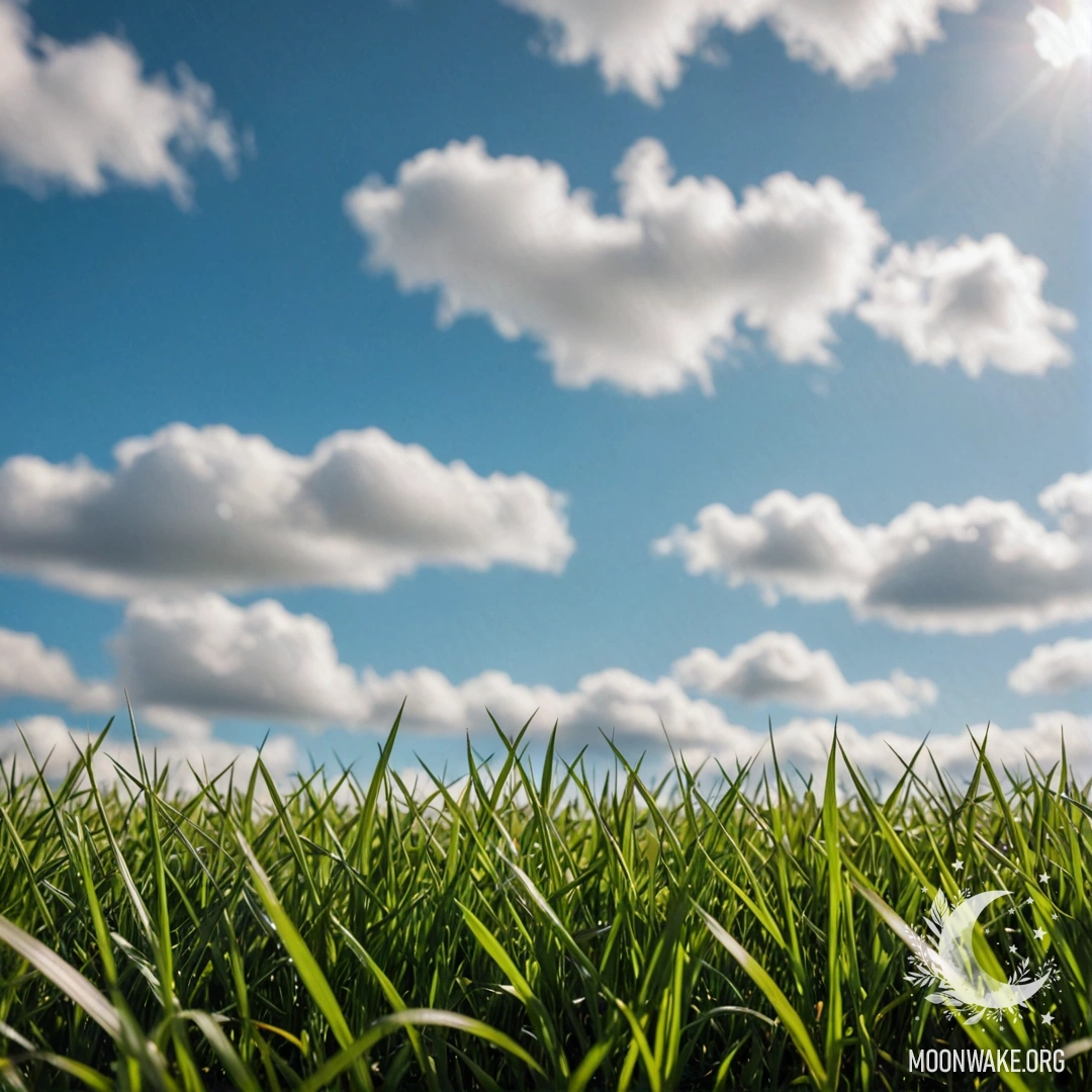 Крупный план травы на поле на фоне болейного неба с облаками.