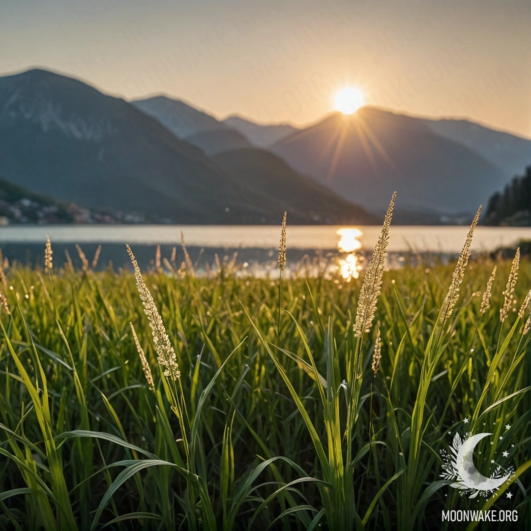 Крупный план травы на поле с эффектом боке заката над горным озером.